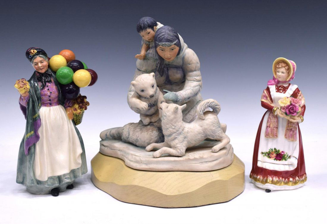 (3) ROYAL DOULTON & CYBIS PORCELAIN FIGURES: (lot of 3) Collection of Royal Doulton and Cybis figurines, comprising: (1) Royal Doulton "Old Country Roses", c. 1995, 8"h, (1) Royal Doulton "Biddy Pennyfarthing", 9"h; (1) Cybis Eskimo family figur
