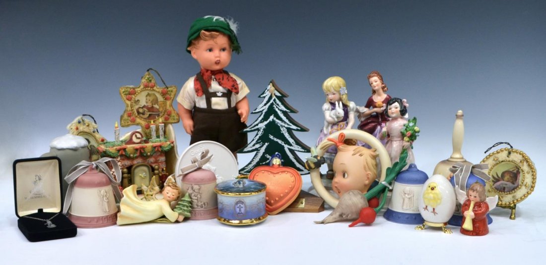 HUGE COLLECTION HUMMEL BELLS, FIGURES, ORNAMENTS: (lot) Huge Collection of Hummel and other collectibles including figures, doll, sterling silver necklace, assorted bells (some still boxed), ornaments, (3) porcelain ladies, egg on stand, together wit