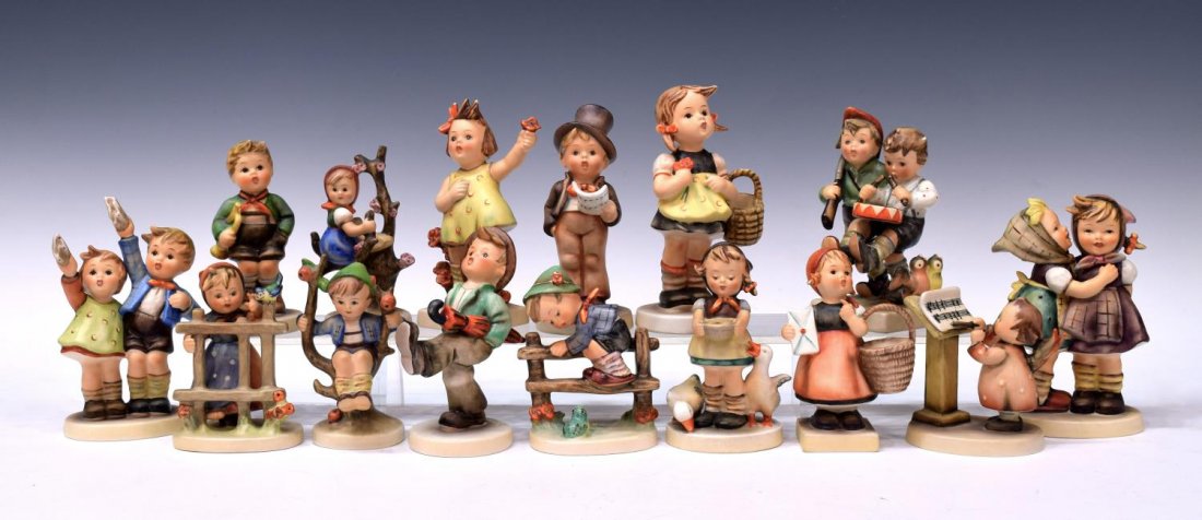 (15) COLLECTION HUMMEL PORCELAIN FIGURES: (lot of 15) Hummel porcelain figures: (1) Trumpet Boy, 97, tmk-3, 4.5"h; (1) Telling Her Secrets, 196/0, tmk-4, some crazing underfoot, 5.25"h, 3"w; (1) Auf Wiedersehen, 153/0, tmk-3, 5.5"h, 2.75"w; (