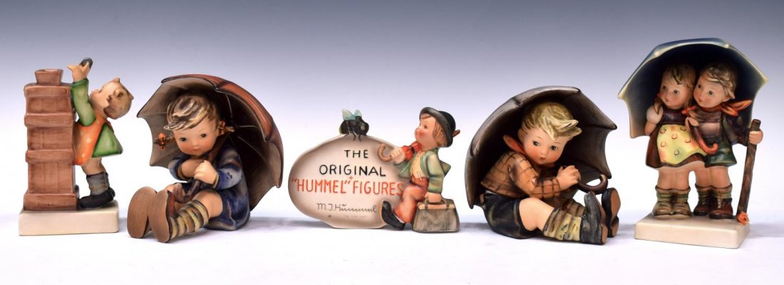 (5) HUMMEL UMBRELLA BOY & GIRL, THRIFY BANK,PLAQUE: (lot of 5) Hummel figures and plaque: (1) Umbrella Boy, 152/0 A, tmk-4, 5"h; (1) Umbrella Girl, 152/0 B, tmk-4, 5"h; (1) Stormy Weather, 71, tmk-3, 7"h; (1) Little Thrifty Bank, 118, tmk-2, 5.25"h; (1