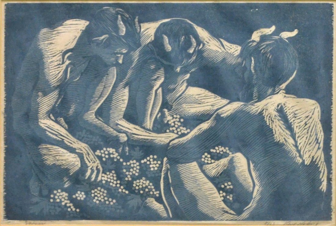 KENT KOBERT WOODCUT, SATYRS, FRAMED: Framed woodcut, "Satyrs", signed in pencil lower right Kent Kobert (20th c.), numbered 8/15, 11.5"h, 17"w, 6.25lbs Start Price: $50.00