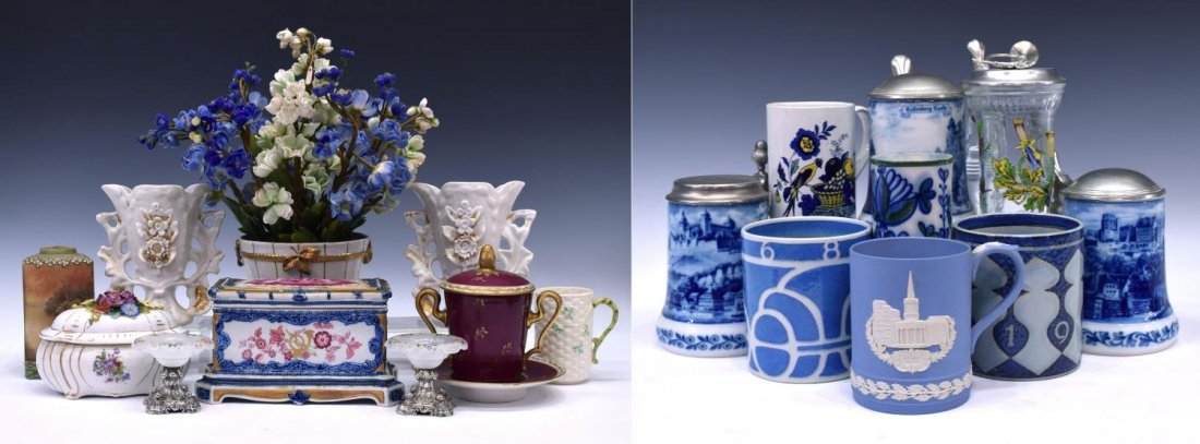 (19) GROUP OF PORCELAIN MUGS & DECORATIVE ITEMS: (lot of 19) Collection of porcelain decorative items, including: (8) steins and mugs, highlighted by Royal Copenhagen, Wedgwood, and Spode, (2) small opaline glass compotes with sterling bases, Nippon