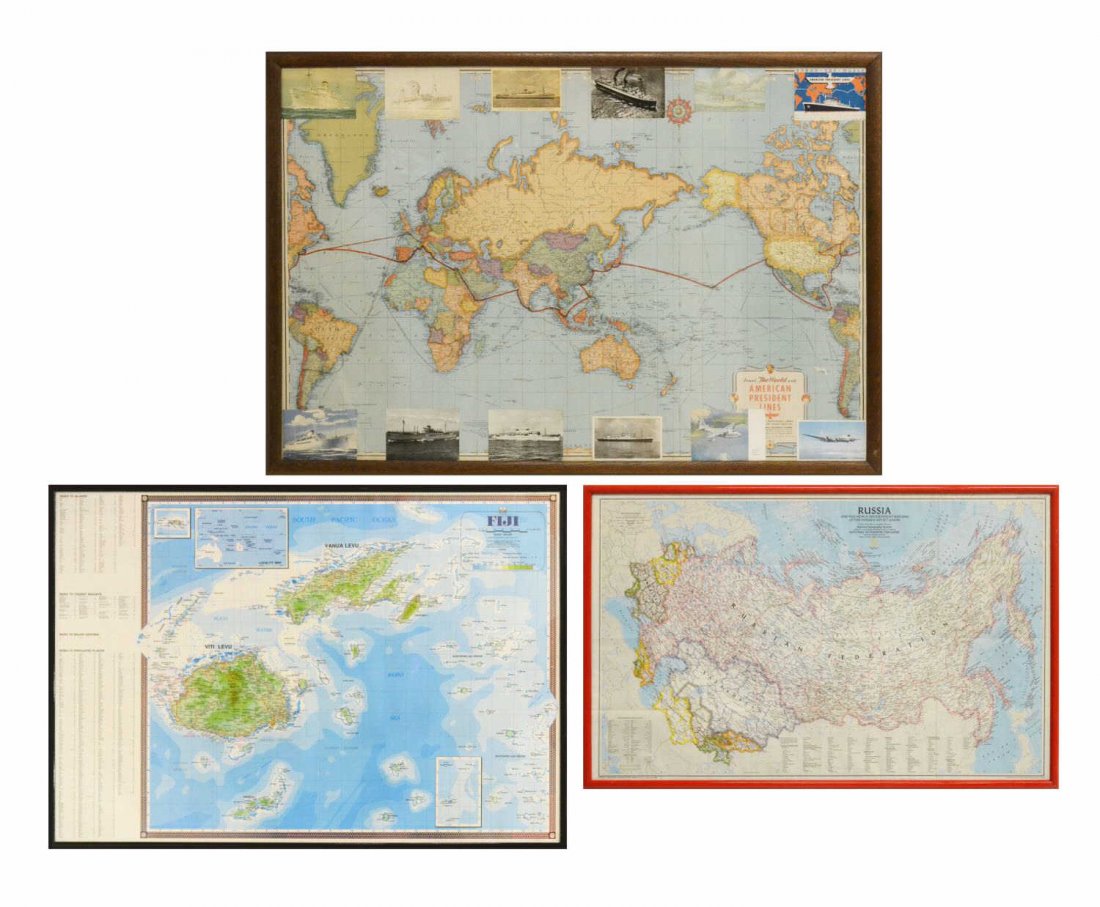 (3) FRAMED WORLD & COUNTRY MAPS: (lot of 3) Framed geographic map prints, 20th c., comprising: (1) "Around The World With American President Lines," includes twelve small prints of ocean liners and airplanes, sight: approx 31.25"h, 4