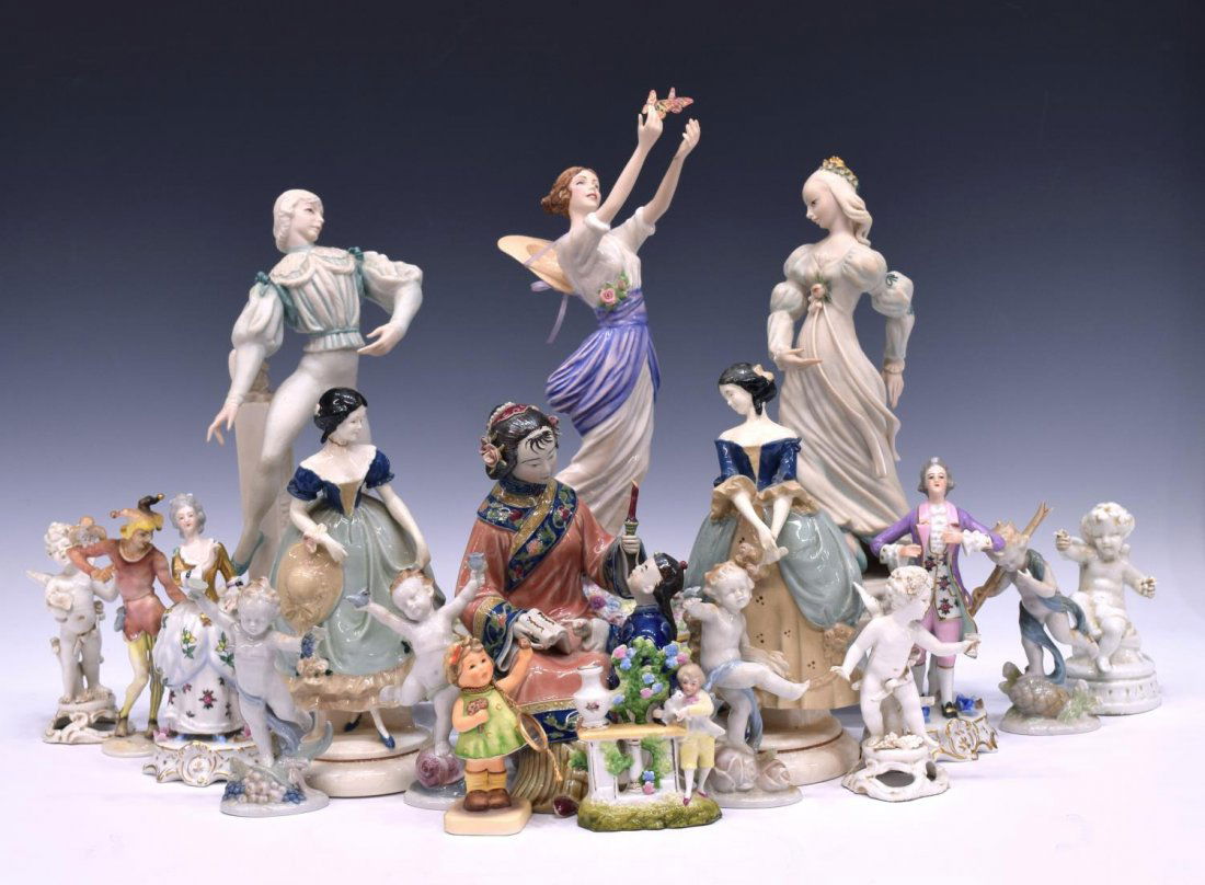 (18) HUGE GROUP CONTINENTAL & ENGLISH FIGURES: (lot of 18) Large collection of Continental and English porcelain figurines, highlights include: (1) Hummel; (2) Cybis dancing Romeo & Juliet figurines; Dresden cherubs; Italian cherubs; some minor lo