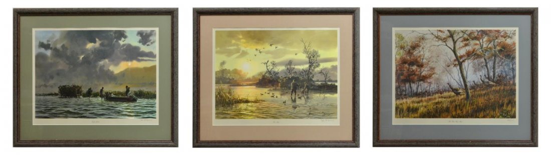 (3) FRAMED PRINTS, OUTDOOR SCENES, JOHN COWAN: (lot of 3) Framed prints, 20th c., comprising: (1) "Three Wise Men", signed Herb Booth in pencil lower right, 19.5"h, 27"w; (2) John Cowan prints, "Early Limits", "Too Soon", both signed in pencil low