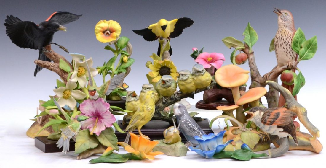 (15) COLLECTION OF ASSORTED PORCELAIN BIRDS: (lot of 15) Collection of porcelain birds, highlighted by Cybis, Moussalli, Capodimonte, and more, including: blue, black and yellow birds, minor loss to all, largest: 11.5"h; 15.75lbs total Start Pri