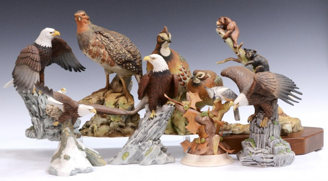 (8) PORCELAIN BIRD, EAGLE & BEAR FIGURAL GROUPS: (lot of 8) Collection of porcelain eagle, bird & bear figural groups, makers include Lowell Davis, Giuseppe Tagliariol, and more, largest: 13"h, 18.5lbs total Start Price: $50.00
