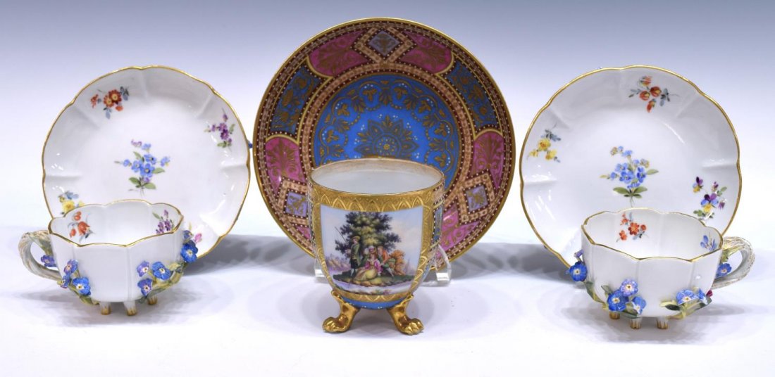 MEISSEN FLORAL ENCRUSTED & PAINTED CUPS & SAUCERS (1 of 4)