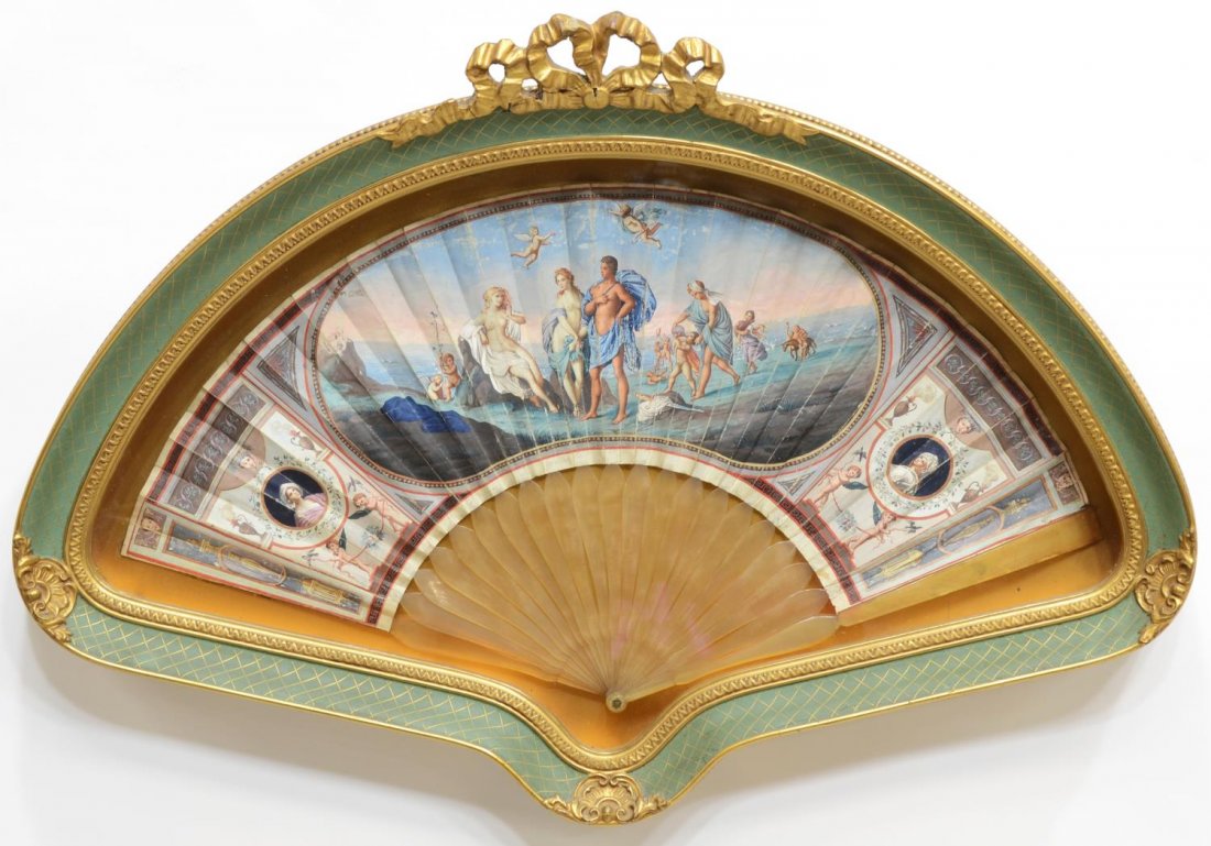 NEO RENAISSANCE GOACHE FAN IN SHADOWBOX, 18TH C.: Shadow box framed Neo-Renaissance hand fan, possibly 18th c., gouache on paper having blonde sticks, possibly shell, the reserve depicting Bacchanalia, the main scene is centered with an image of two 
