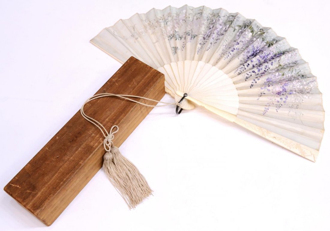 19TH C. JAPANESE WISTERIA EMBROIDERED HAND FAN (1 of 2)