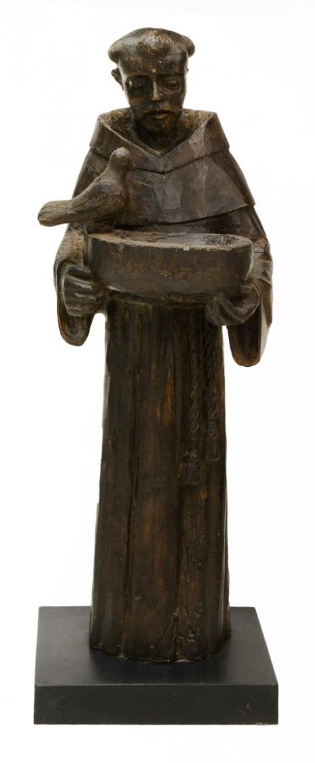 WOOD RELIGIOUS SCULPTURE OF SAINT FRANCIS, 20TH C.: Carved wood religious sculpture, 20th c., modeled in the image of Saint Francis holding a bowl with a dove, standing on later square base, approx 41.5"h, 15"w, 15"d, 27lbs Start Price: $200.00