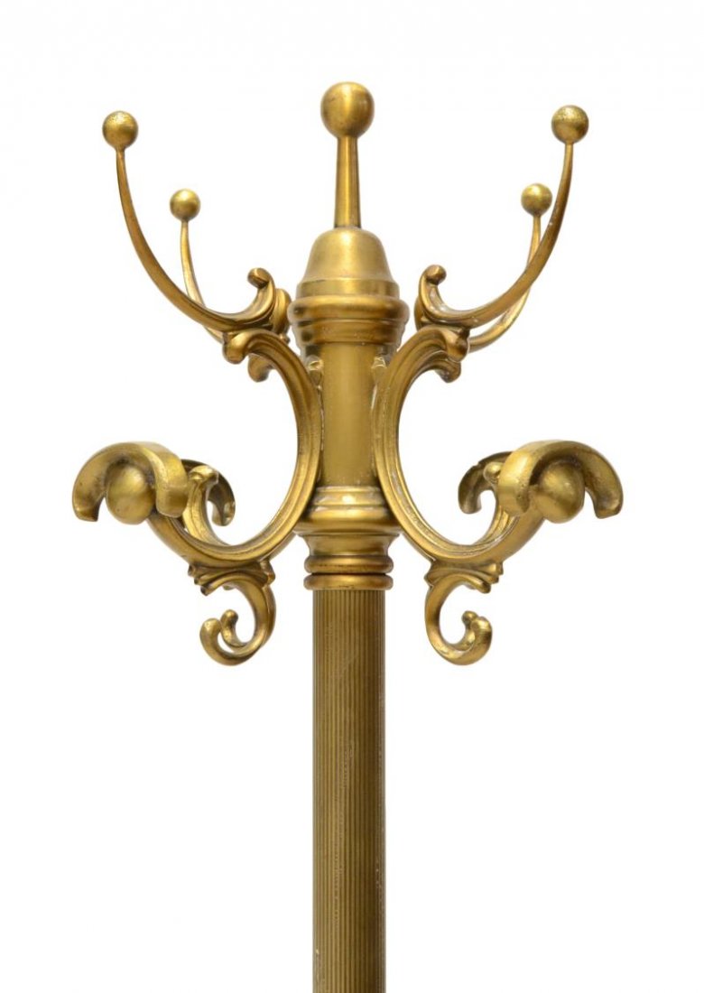 CONTINENTAL GILT METAL & BRONZE HALLTREE: Continental gilt metal hall tree with bronze elements, 20th c., scrolled hooks over fluted standard resting on four upward scrolled legs, loss to gilding on legs, oxidation, approx 69.25"h Start Price