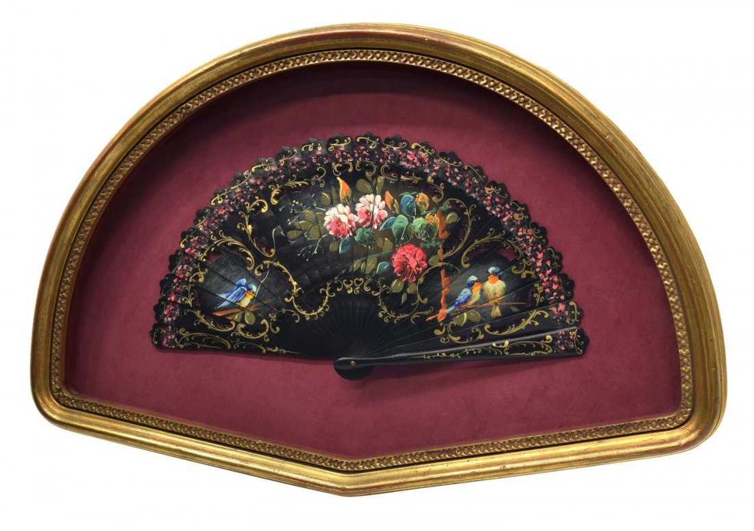 SHADOW BOX FRAMED FLORAL & BIRD PAINTED WOOD FAN (1 of 4)