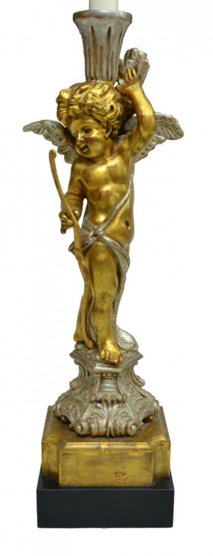 CONTINENTAL FIGURAL TABLE LAMP, GILT CHERUB & BOW (1 of 4)