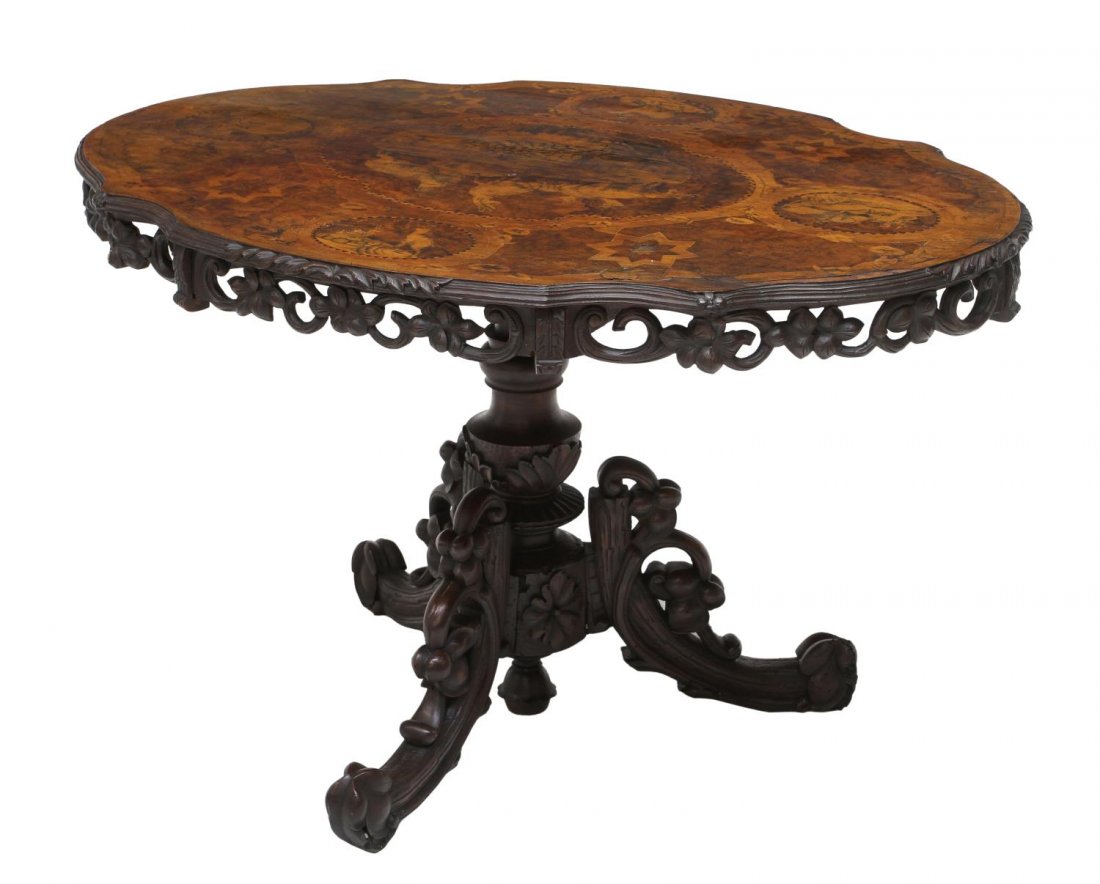 BLACK FOREST CARVED WALNUT TILT TOP TABLE, 19th C. (1 of 5)