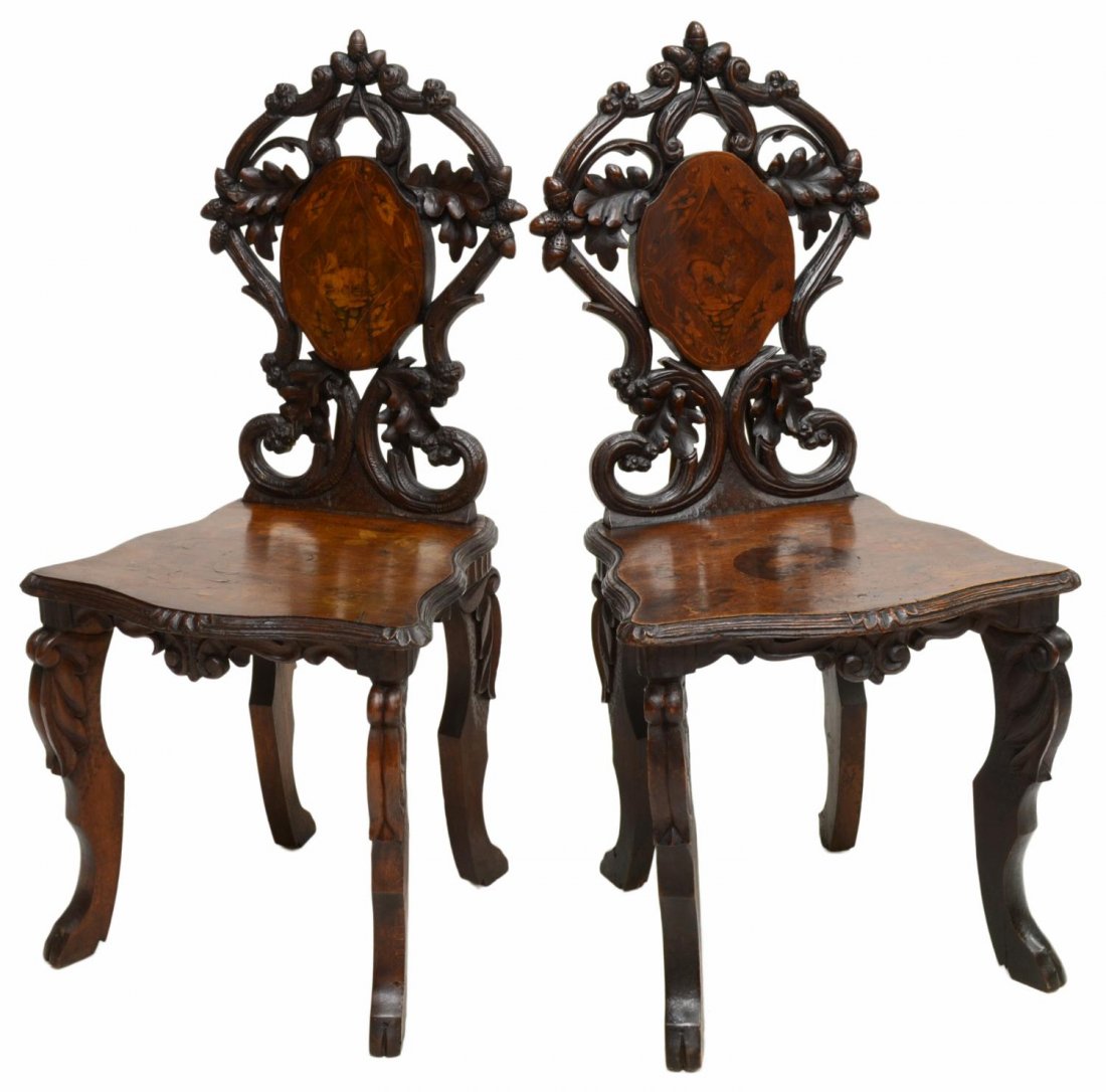 (2) ANTIQUE BLACK FOREST CARVED SIDE CHAIRS 19TH C (1 of 6)