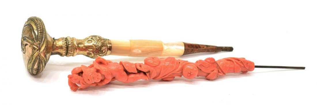 (2) CHERUB CARVED RED CORAL & MOP PLATED HANDLES (1 of 6)