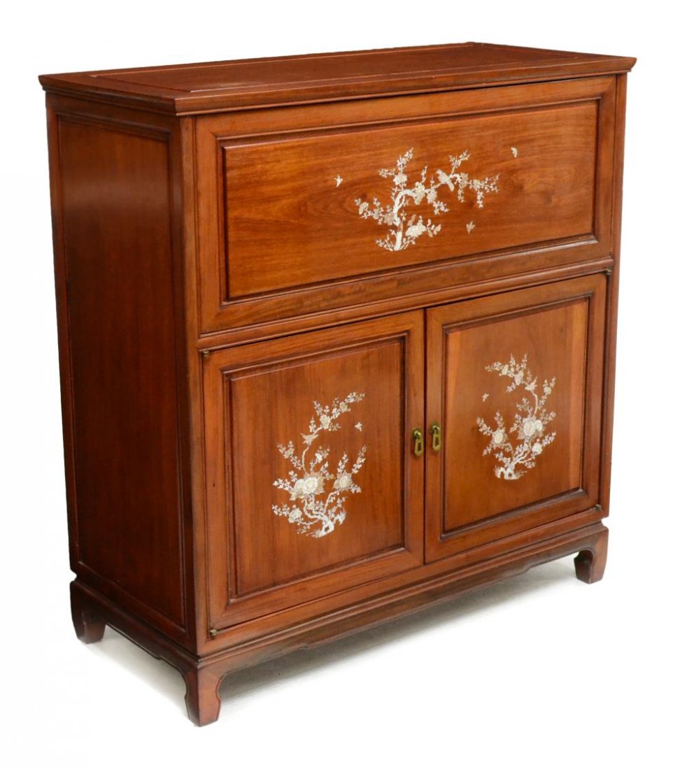 ASIAN MOTHER-OF-PEARL INLAID BAR CABINET: Asian bar cabinet, the case inlaid with mother-of-pearl to depict birds on blooming branches, a lift top and folding front panel open to a mirrored base, fitted for glasses and bottles, cabinet base o