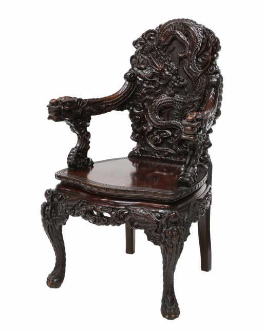 HIGHLY CARVED CHINESE ROSEWOOD DRAGON CHAIR - HIGHLY CARVED CHINESE ROSEWOOD DRAGON CHAIR