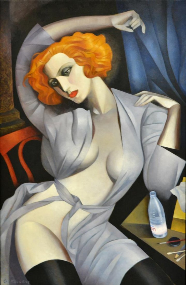 GARY KELLEY (IOWA, B. 1945), DECO SEMI-NUDE WOMAN: Framed oil on canvas, Seated Woman with Bottle of Evian, signed lower left G. Kelley (Gary Kelley, IOWA, B. 1945), Van Doren framer label verso, sight: 48"h, 30"w, overall: 32.25"h, 28.25"w, 9.5lbs St
