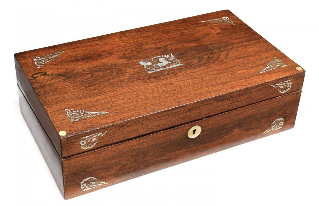 VICTORIAN MOP INLAID ROSEWOOD TRAVELING LAP DESK (1 of 6)