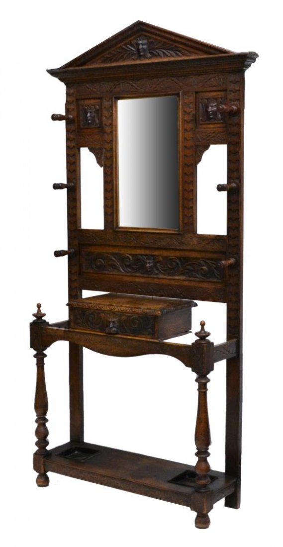 WELL CARVED ENGLISH OAK GREEN MAN HALL TREE (1 of 3)