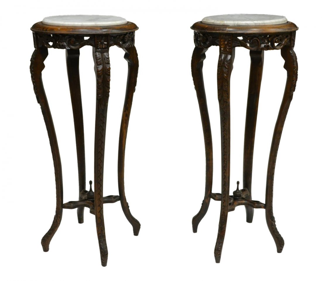 (2) ENGLISH MARBLE TOP CARVED OAK PEDESTALS (1 of 4)
