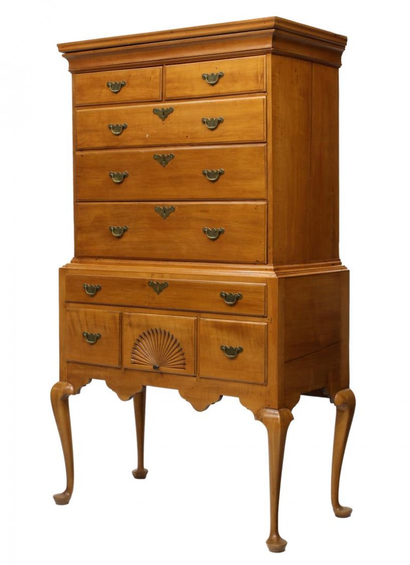 AMERICAN QUEEN ANNE HIGHBOY CHEST, 19TH C. (1 of 8)