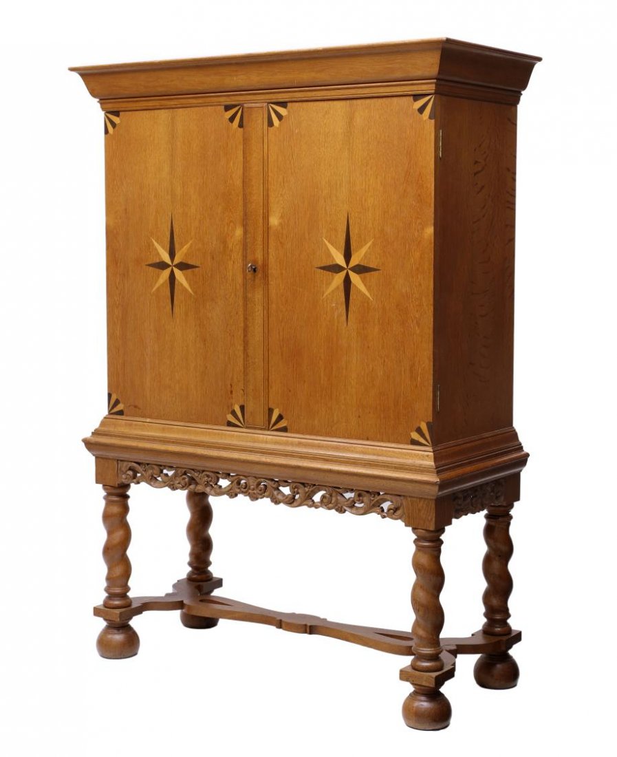 JACOBEAN STYLE STAR INLAID SPIRAL OAK CABINET (1 of 5)