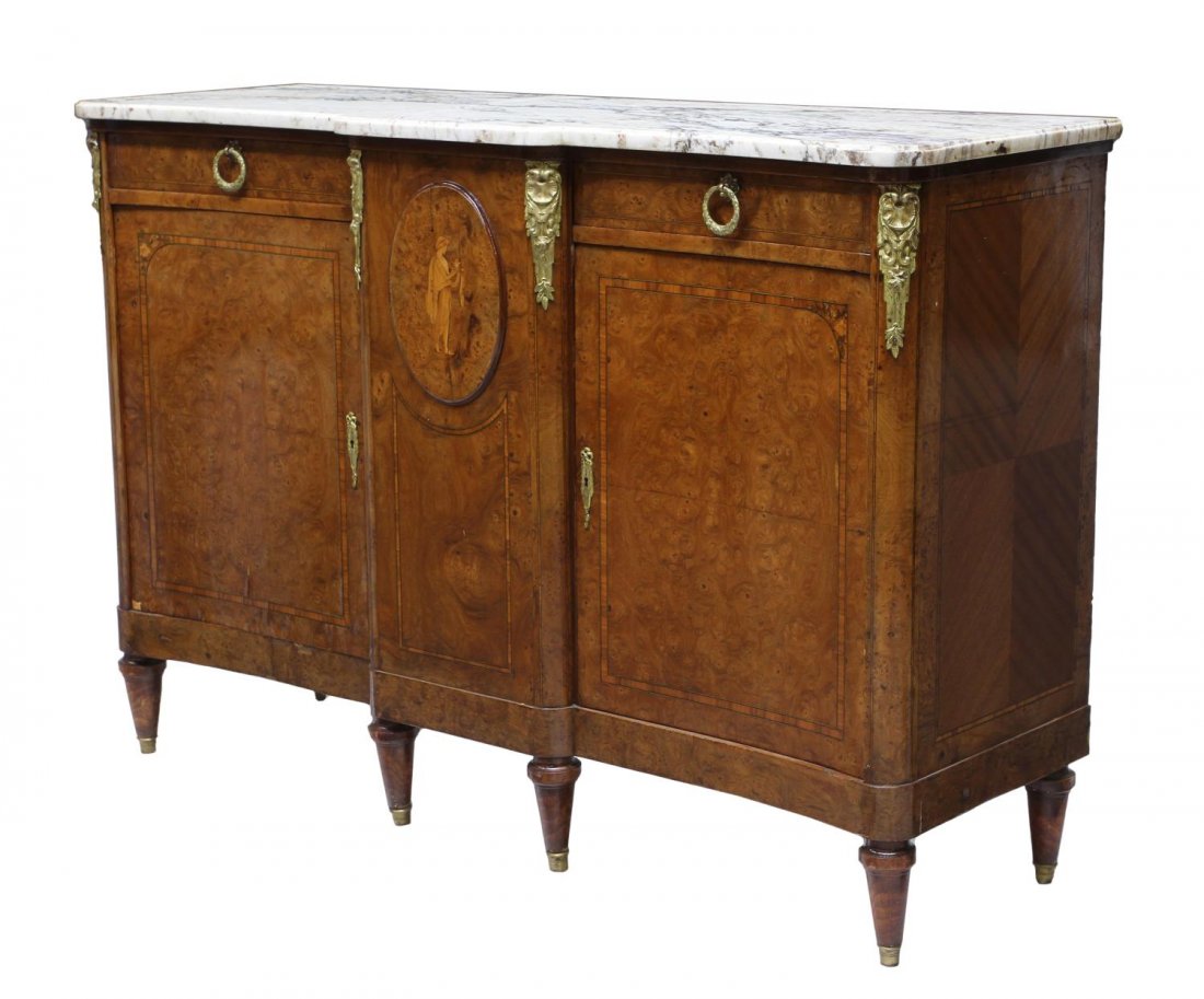 FRENCH MARBLE TOP MARQUETRY BURLWOOD CREDENZA: French burlwood credenza having repaired marble top, over the banded case, central panel having applied marquetry oval inlaid with a draped Classical figure, drawers over doors to either side, rising 