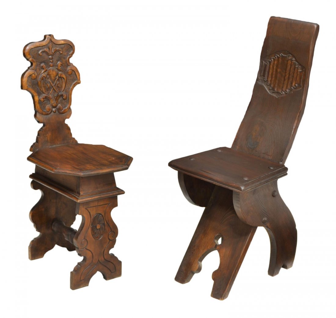 (2) RENAISSANCE REVIVAL SIDE CHAIRS, 19TH-20TH C.: (lot of 2) Renaissance Revival side chairs, late 19th - early 20th c., comprising: (1) having shaped back with carved coat of arms framed by scrollwork, octagonal seat lifts to reveal small storage co