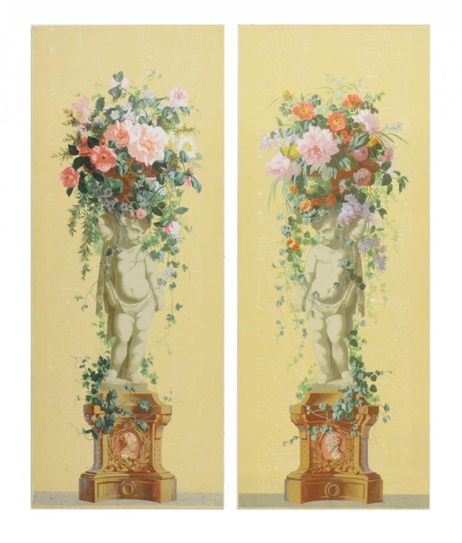 FRENCH PAINTED PANELS, PUTTI & FLOWERING URN (1 of 3)