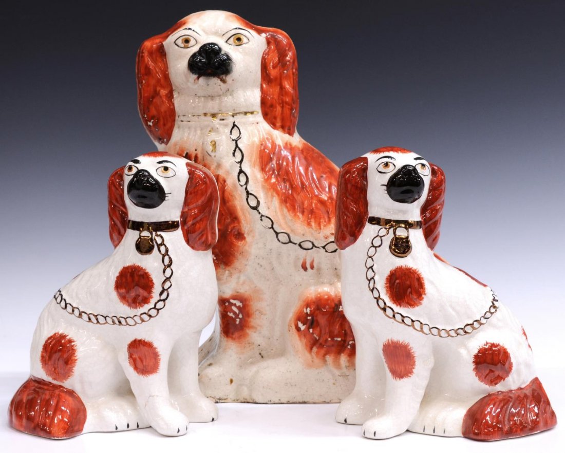 (3) STAFFORDSHIRE POTTERY SEATED DOG FIGURES (1 of 4)