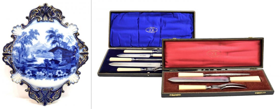 (3) VICTORIAN FLOW BLUE PLAQUE & CARVING SETS (1 of 9)