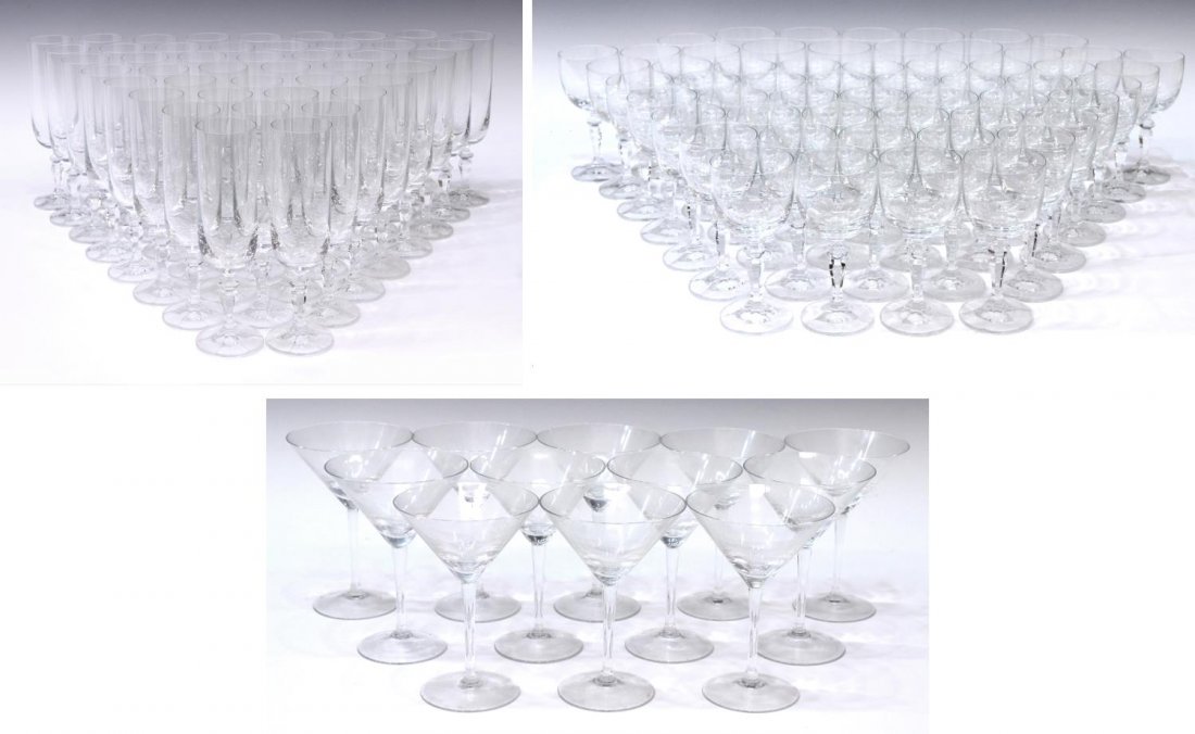 (112) HUGE COLLECTION OF FRENCH CRSTAL STEMWARE: (112) French crystal glassware in two sizes, 20th c., (44) toasting flutes 7.5"h; (56) wine goblets, approx. 5.75"h; (12) martini glasses, 6"h; 42lbs lbs total Start Price: $150.00