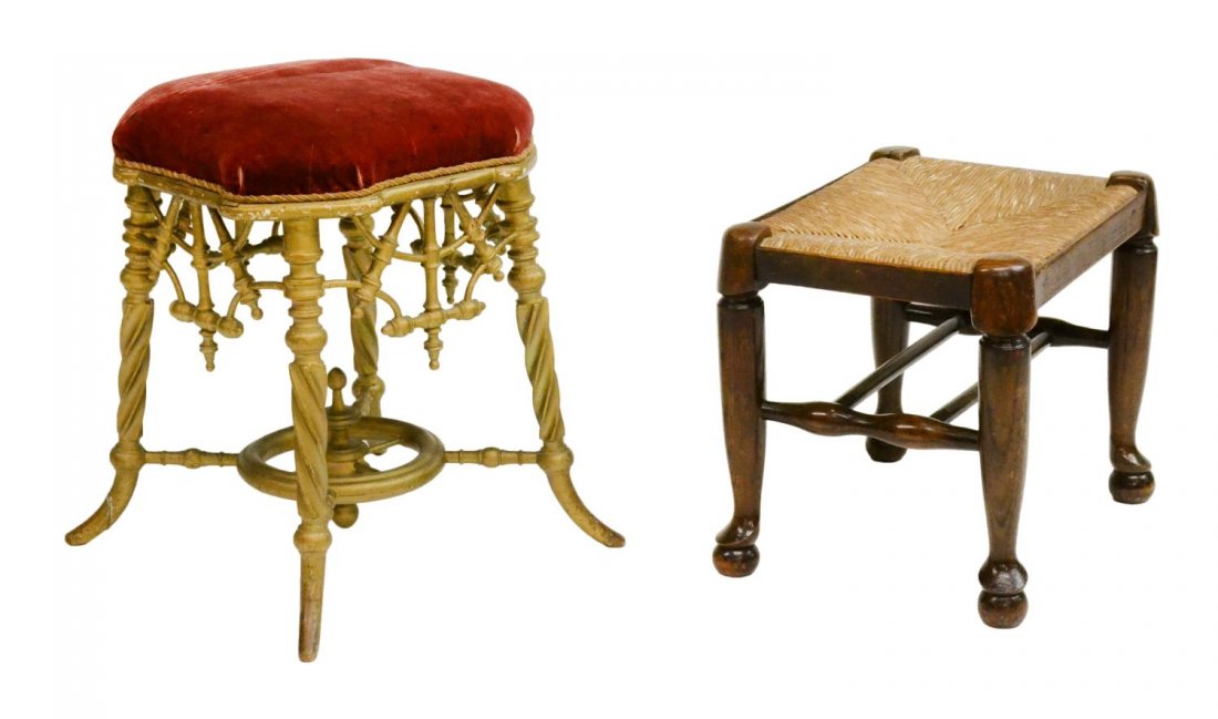 (2) ENGLISH VICTORIAN GILDED & RUSH SEAT STOOLS (1 of 2)