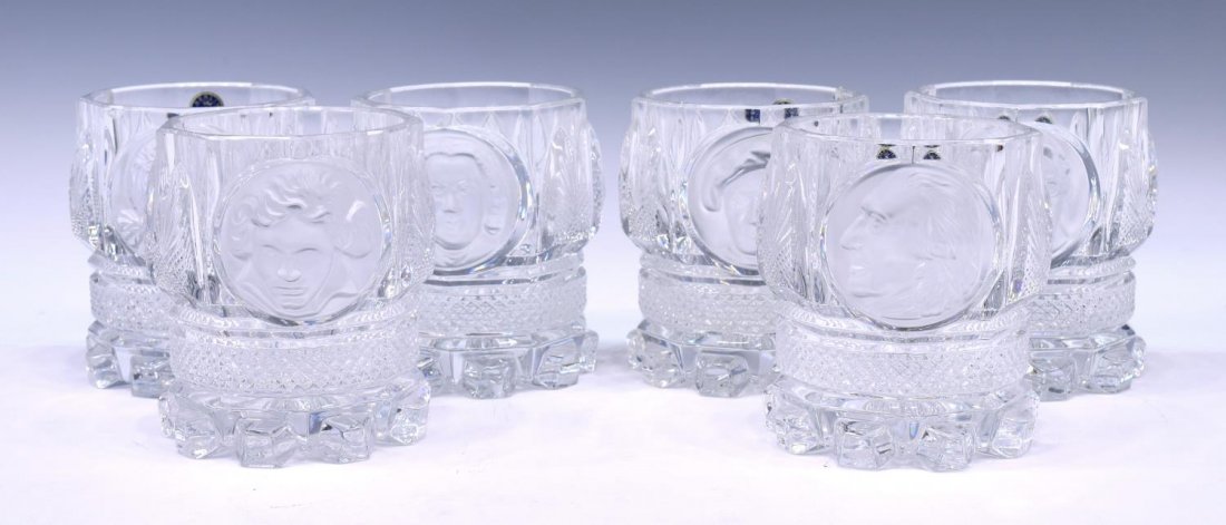 (6) BERLIN DESIGN RELIEF ART CRYSTAL GLASSES: (lot of 6) Berlin Design relief crystal glasses, (1) Wagner, (1) Mahler; (1) Beethoven; (1) Mozart; (1) Bach, (Schuman), 14lbs total Start Price: $50.00