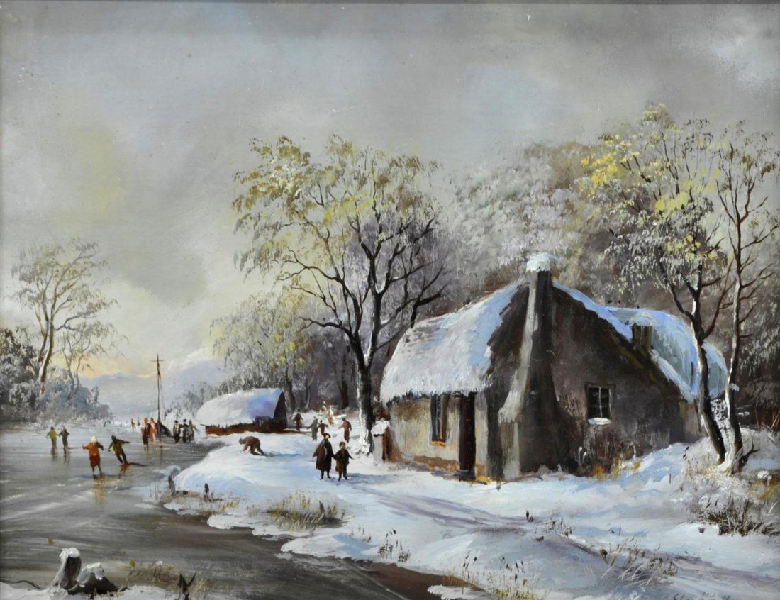 DUTCH SCHOOL PAINTING, WINTER ICE SKATERS (1 of 3)