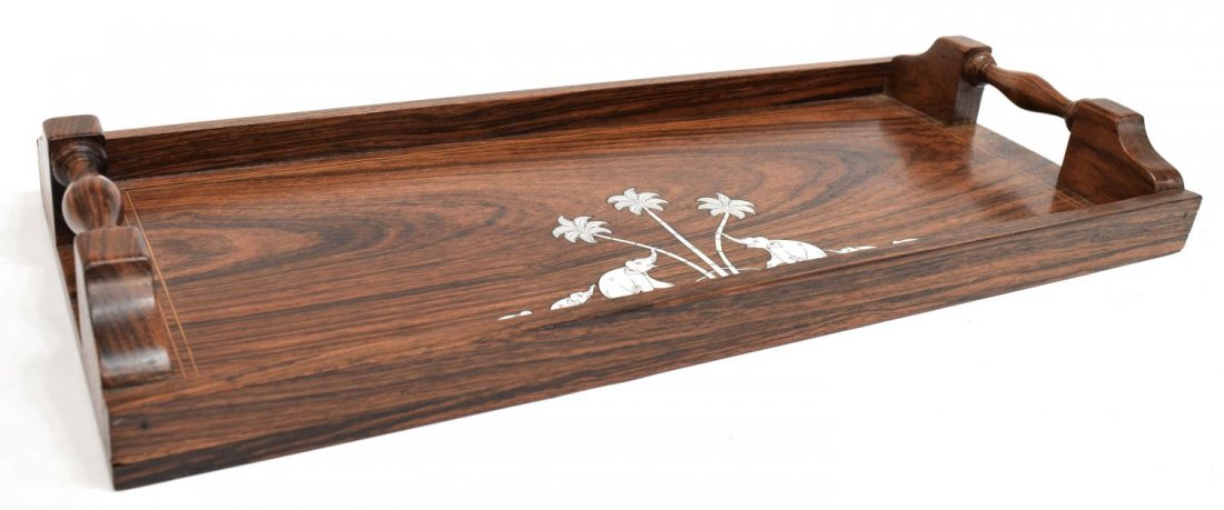 ENGLISH ROSEWOOD INLAID TRAY: English rosewood tray, 19th/20th c., having bone inlaid elephants and palm trees design to bottom, with two bands of string inlay around edge, two turned carrying handles, 2"h, 18"w, 8"d, 1lb Start Pr