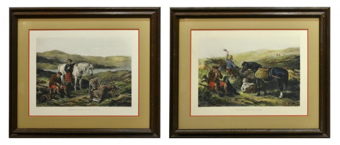 (2) AFTER JAMES HARDY JR. FRAMED COLOR PRINTS: (lot of 2) Framed hand colored engravings, after James Hardy Jr (British 20th c.), "Waiting for the Guns", Luncheon on the Moors", published by Richard Powell after Thomas McLean, 17"h, 24.75"w, 29lbs