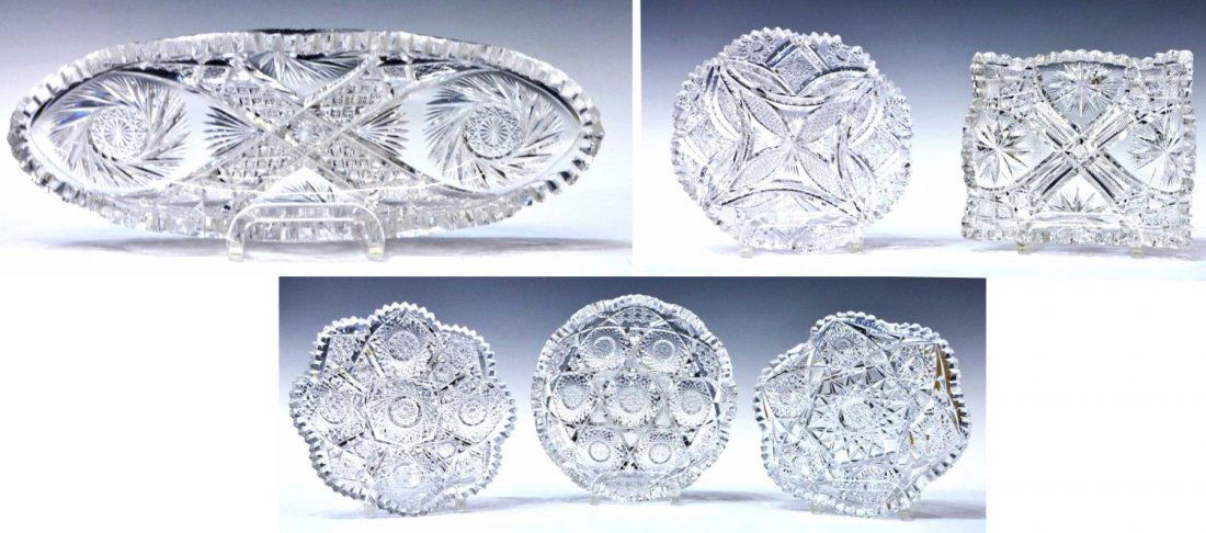(6) AMERICAN BRILLIANT PERIOD SIGNED CUT GLASS: (lot of 6) American Brilliant Period T.B. Clark and Company cut glass table and cabinet items, each having scalloped rims, makers mark to center, including: (1) celery server, buzz saw and hobstar pat