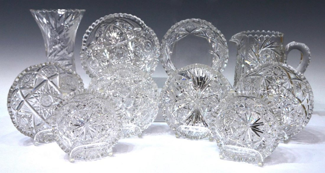 (10) AMERICAN BRILLIANT PERIOD CUT GLASS GROUPING: (lot of 10) American Brilliant Period cut glass table and cabinet items, comprising: (2) small J. Hoare & Co. bowls, both marked Corning 1853 to centers, approx 1.25"h, 4"diam; (4) small plates, varie