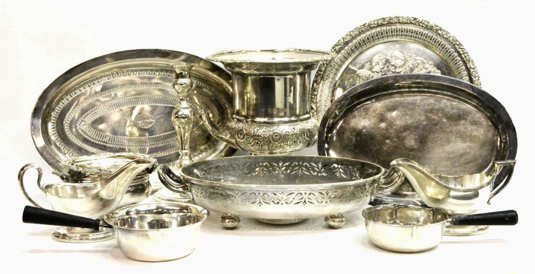 (10) CONTINENTAL SILVERPLATE TABLE & SERVICEWARE: (lot of 10) Continental silverplate table and cabinet items, comprising: (1) Viner wine cooler, approx 9.5"h, 9"diam; (1) small oval lidded tureen, approx 4.75"h, 7.25"l, 5"w; (1) Garrards service pla