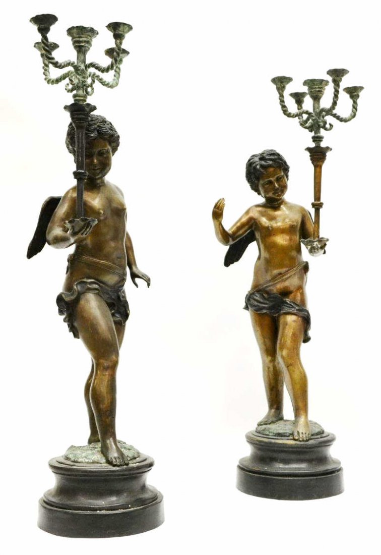 (2) LARGE BRONZE WINGED CHERUB CANDELABRAS (1 of 5)