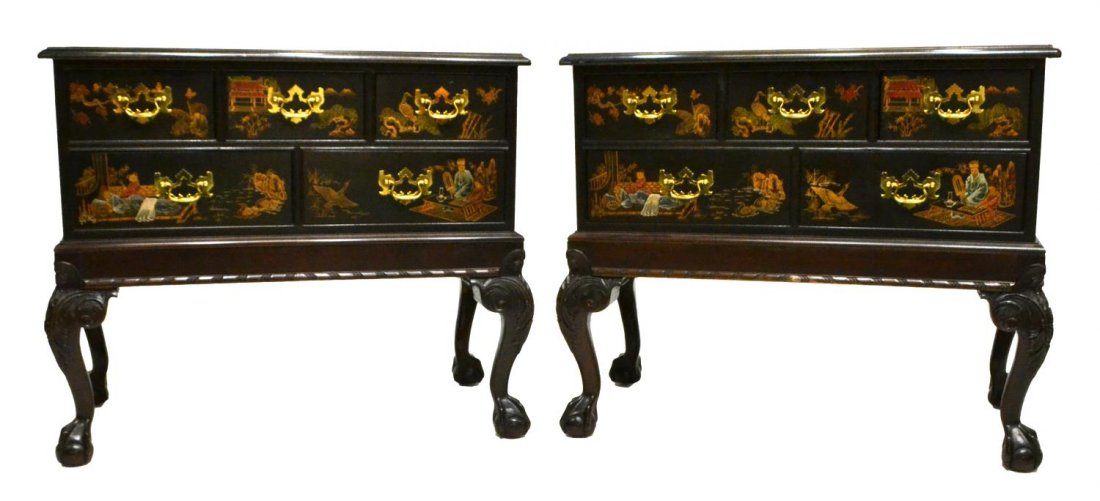 (2)HENREDON PARCEL GILT CHINOISERIE LOW BOY CHESTS: (pair) Henredon Chinoiserie five drawer lowboys, having Chinoiserie scenes to the top, sides, and facade, with brass pulls, rising on four cabriole legs with claw and ball form feet, 30"h, 35"w, 17"d