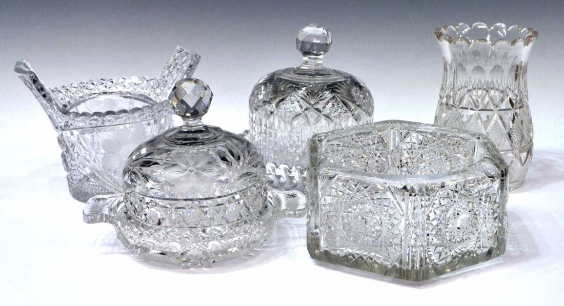 (5) AMERICAN BRILLIANT PERIOD CHEESE DOMES, BOWLS: (lot of 5) American Brilliant Period cut glass tableware: (1) cheese dome having faceted knop handle, fan and star cut patterns over zipper cut body, 6.25"h, accompanied by (1) underplate of similar z