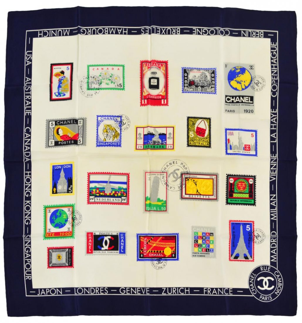 CHANEL CREAM & NAVY STAMPS OF THE WORLD NECK SCARF (1 of 4)