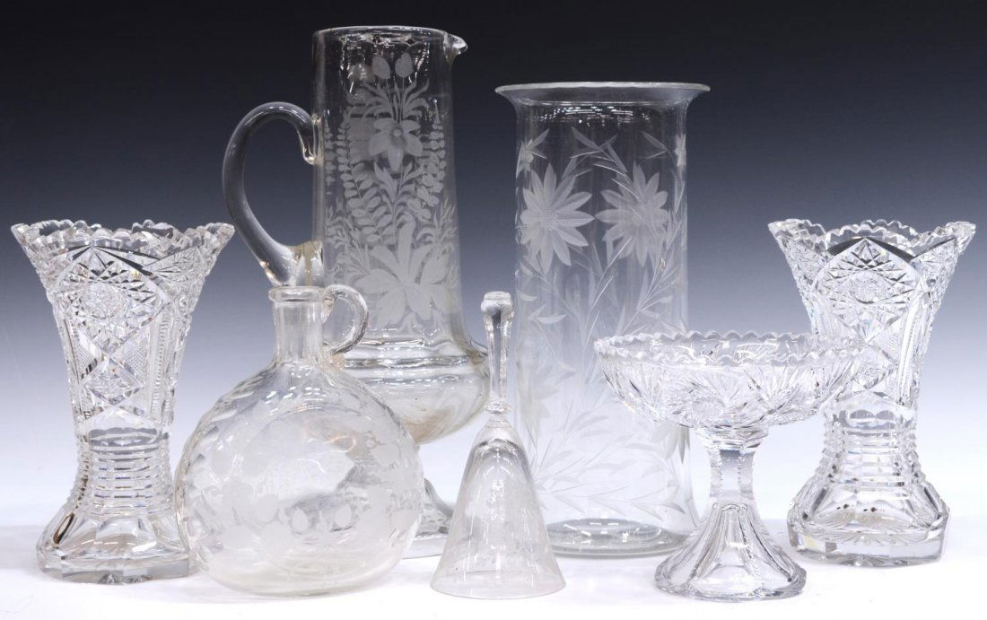 (7) LATE 19TH C. CUT GLASS VASES, PITCHER, COMPOTE (1 of 4)