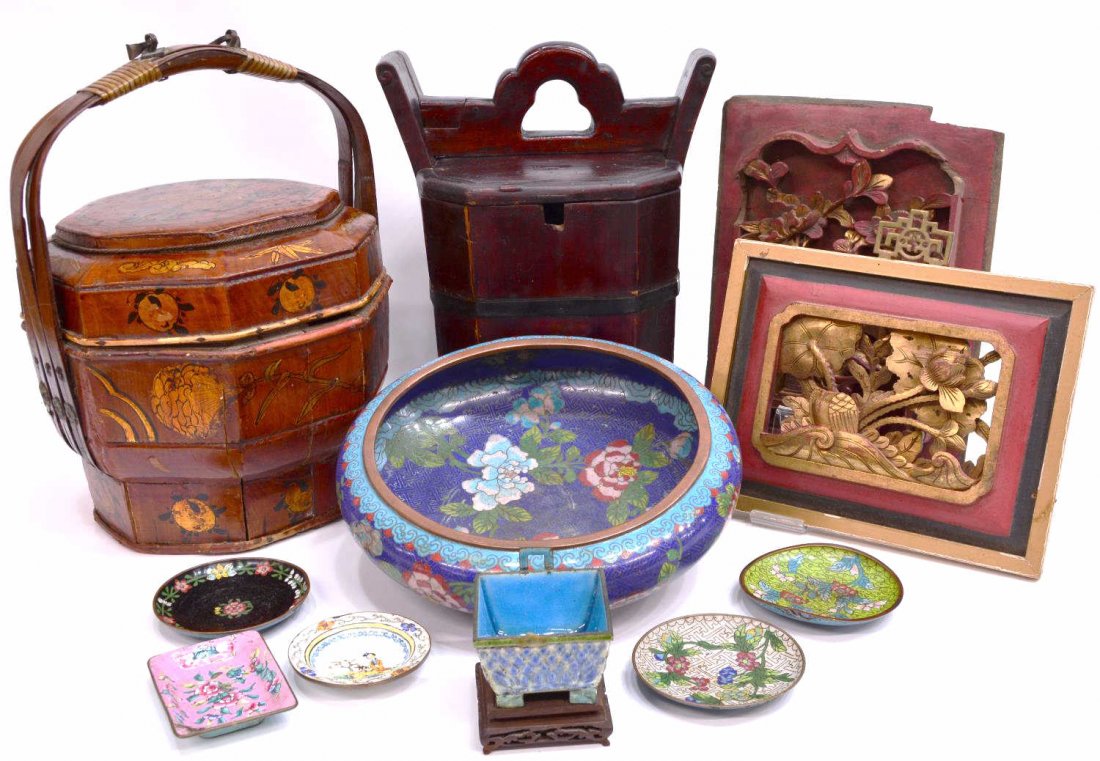 (11) CHINESE PARCEL GILT CARVED PANELS & CLOISONNE (1 of 8)