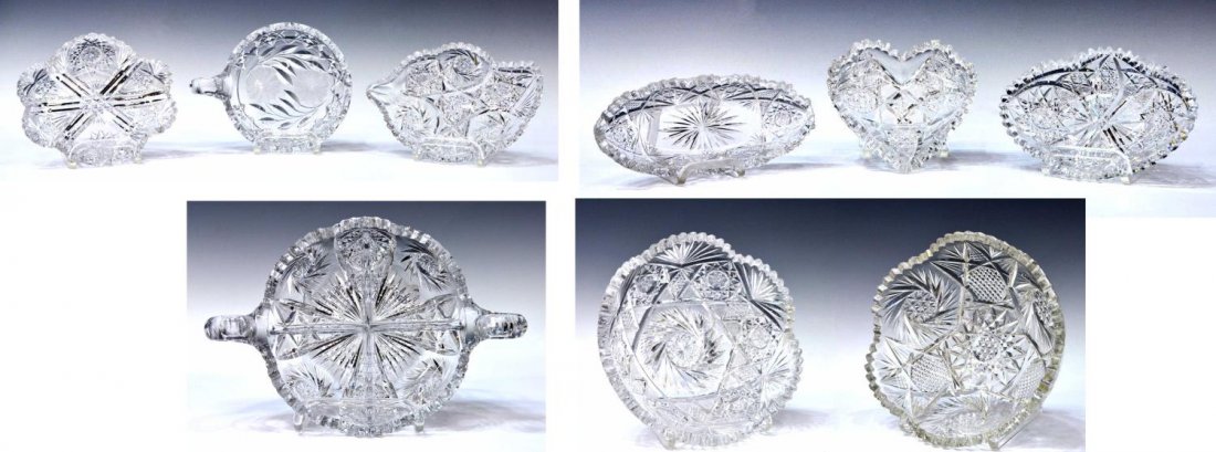(9) AMERICAN BRILLIANT PERIOD CUT GLASS TABLE ITEM: (lot of 9) Collection of American Brilliant Period cut glass tableware, comprising: (5) small dishes of varied shape, pattern and form, one heart shaped, largest: 7.5"h, 5.25"w; (1) floral cut nappy, 